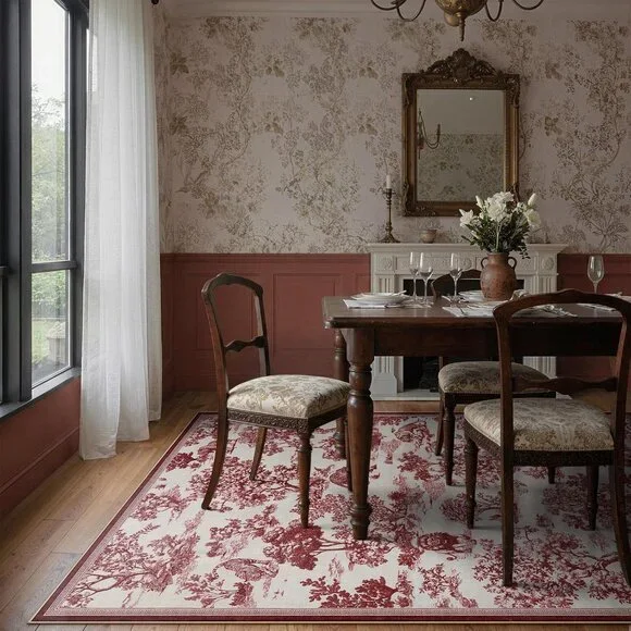 5x7 Area Rugs Red Delft Rug for Living Room, Washable Rug for Bedroom Dining Roo - Picture 5 of 8